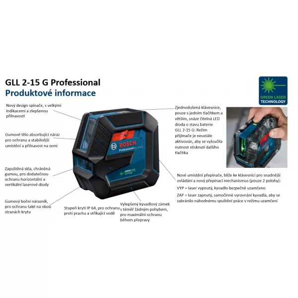 Křížový laser BOSCH GLL 2-15 G s kufrem (zelený) 0 601 063 W02