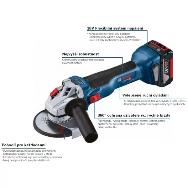 Aku úhlová bruska 115mm 18V bez aku Bosch GWS 18V-10 Professional 06019J4000