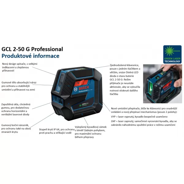 Křížový laser BOSCH GCL 2-50 G s olovnicí (zelený) 0 601 066 M00