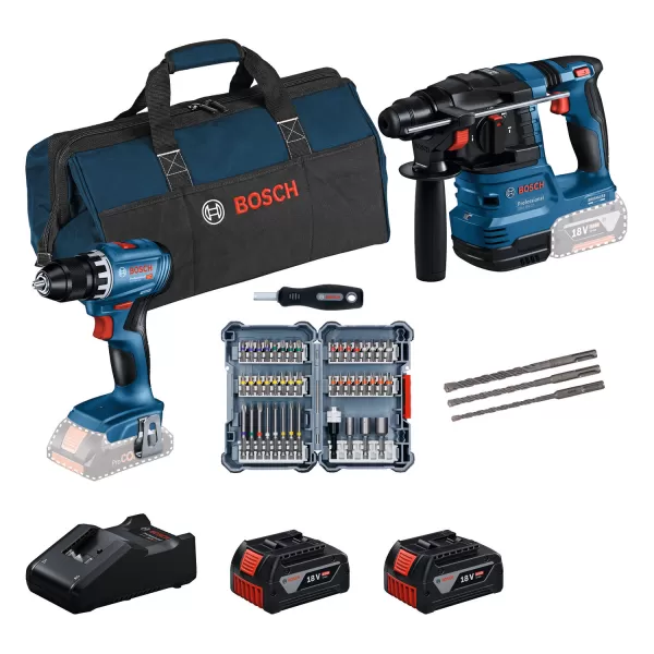 Sada 2 ks nářadí: 18V/2x4,0 Ah GSR 18V-45 + GBH 18V-22 + 45dílná sada bitů + 3dílná sada vrtáků SDS-plus Bosch 0615V0003D