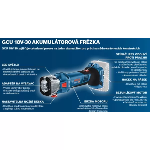 Aku horní frézka 18V bez aku Bosch GCU 18V-30 06019K8000